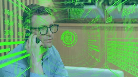 Man pressing smartphone to ear and initiating business call, activating tech HUD Stock Footage 318544155