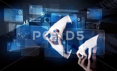 Man pressing technology smart table interface Stock Photos