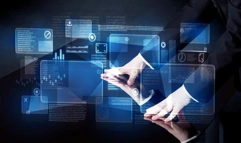 Man pressing technology smart table interface Foto stock