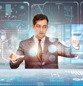 Man pressing virtual button in data mining concept 写真素材