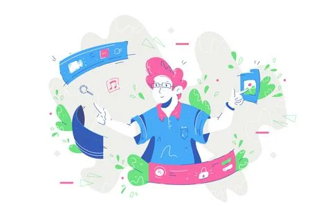 Man pressing virtual knob Stock Illustration