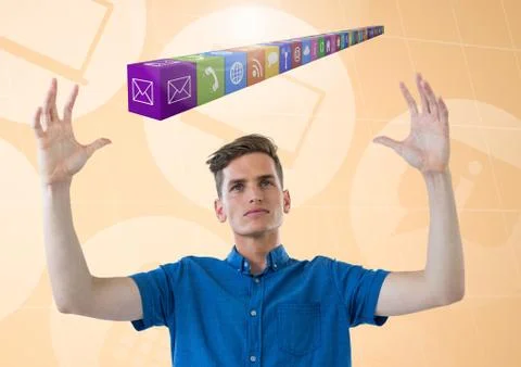 Man pretending to hold digitally generated application icons interface Stock Photos