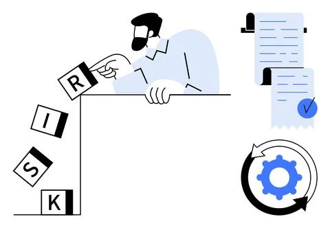 Man Preventing the Fall of Risk Blocks with Compliance and Process Management Illustrazione stock