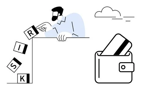 Man Preventing Risk Blocks from Falling into Wallet Representing Financial .. Illustrazione stock