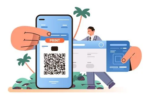 Man printing e-tickets via mobile app online booking searching for flight Illustrazione stock