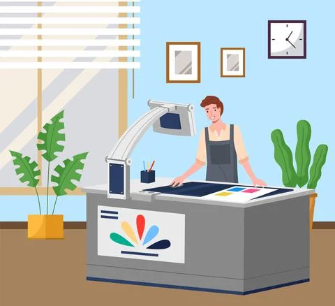 Man printing at plotter wide format. Printshop and polygraphy office worker Ilustración de archivo