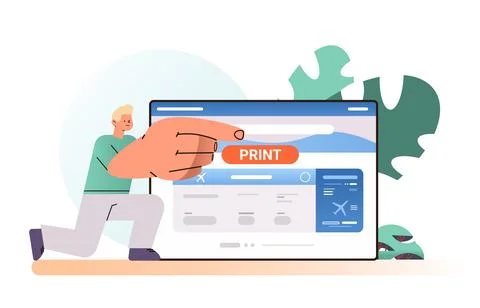 Man printing tickets via computer app online booking searching for flight Illustrazione stock