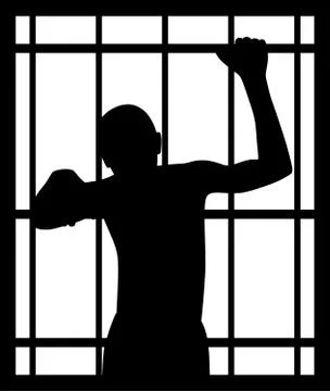 Man in prison behind bars Illustrazione stock