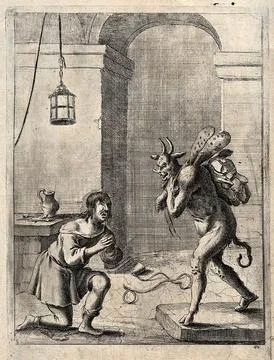 A man in prison praying to the devil to have him released. Etching by D. Stoo Stock Illustration