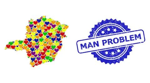 Man Problem Watermark Seal and Vibrant Heart Mosaic Map of Minas Gerais State Stock Illustration