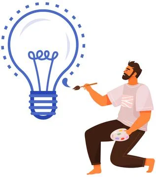 Man in process of drawing light bulb. Guy creates masterpiece of art, new idea Illustrazione stock