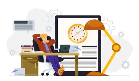 Man procrastinating at work desk.. Vector illustration Stock Illustration