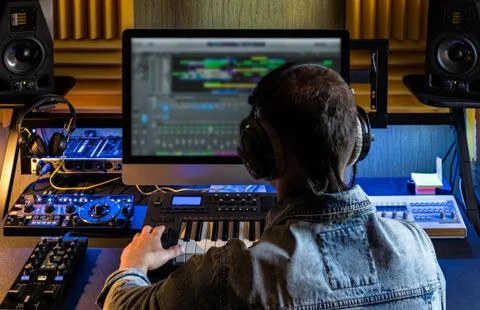 Man produce electronic music in studio Stock Photos