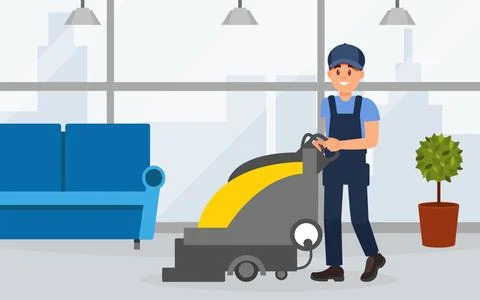 Man professional cleaner in uniform operating floor scrubber machine. Cleaning Stock Illustration
