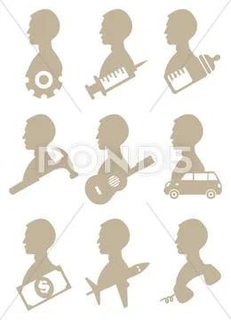 Man Profile Silhouette with Icon Symbols Stock Illustration
