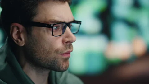 Man programer looking computer making system data research at workplace closeup Stock Footage 260249592