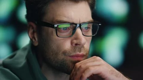 Man programer looking computer making system data research at workplace closeup Stock Photos