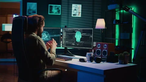 Man programing sentient artificial intelligence, creation myth concept 스톡 동영상 266950369