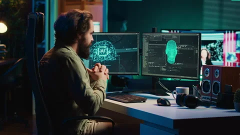 Man programing sentient artificial intelligence, creation myth concept Stock Footage 266953522