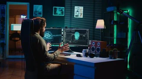 Man programing sentient artificial intelligence, creation myth concept Stockfoto's