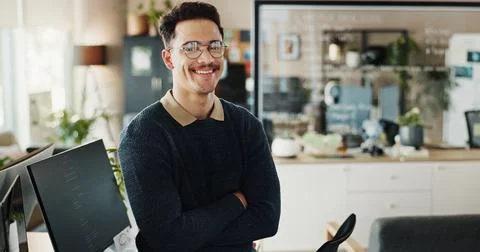 Man, programmer and arms crossed for portrait in office of software development Stock Photos
