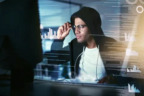 Man, programmer and computer code at night for firewall, breach and access in Stockfoto's