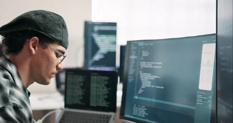 Man, programmer and computer screen in office with code, programming and script Stock Footage 346758867