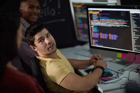 Man, programmer and computer screen with code for web design, prompt or log.. Stockfoto's