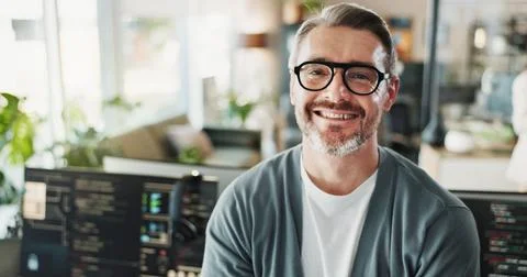 Man, programmer and glasses in agency for portrait, web development or software Foto stock