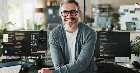 Man, programmer and glasses in office for portrait, web development or software Stock Photos