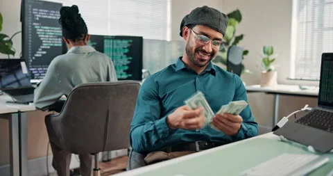 Man, programmer and happy in office with cash, counting earnings and money Stock-Footage 347323188
