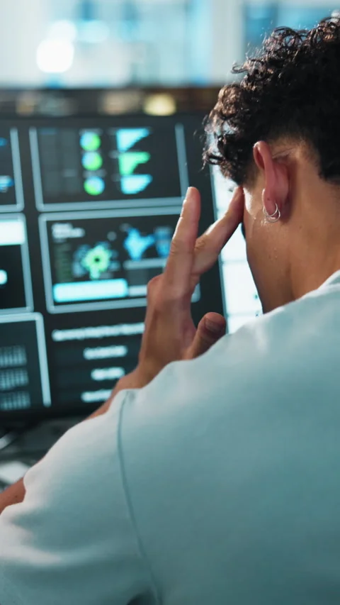 Man, programmer and headache with computer for eye strain, fatigue or overworked Stock-Footage 333235823