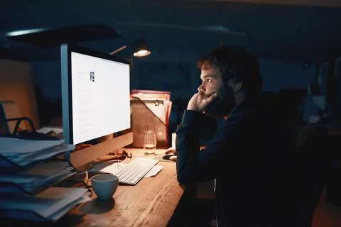 Man, programmer and night with computer, thinking and stress for glitch, screen 스톡 사진