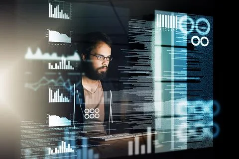 Man, programmer and night with overlay on computer for data, future development Stock Photos