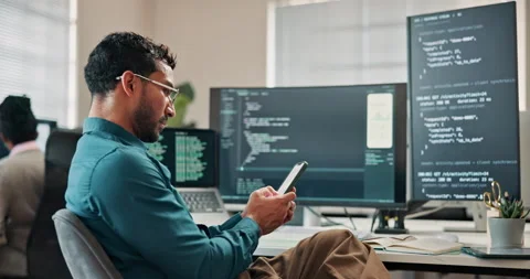 Man, programmer and reading in office with phone, encryption and system analysis Stock-Footage 346948627