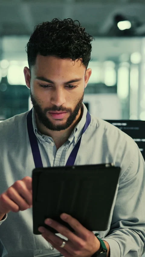 Man, programmer and reading with tablet in office for research, server update Stock Footage 332918021