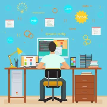Man programmer back working on his PC computer. Programming and Coding. Office Stock Illustration