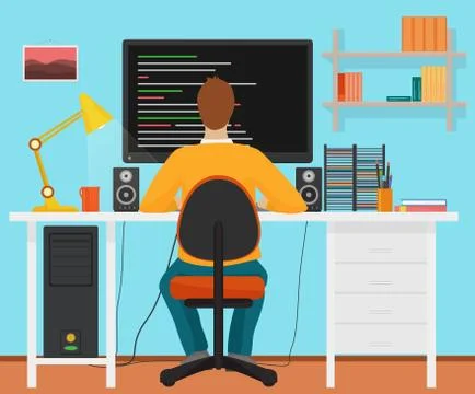 Man programmer back working on his PC computer. Coding and programming. Office Stock Illustration