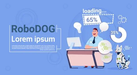 Man Programmer Coding On Computer Working With Robotic Dog Domestic Animal Stock Illustration