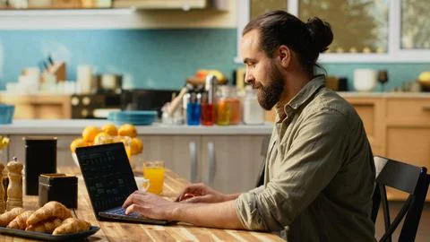 Man programmer, developing web code, software systems on laptop Stock Photos