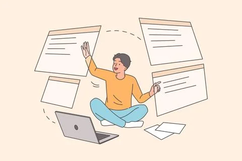 Man programmer develops UI and UX design using virtual screens, sitting on floor Stock Illustration