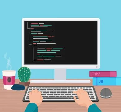 Man programmer hands working on his PC computer. Coding and programming. Head Stock Illustration