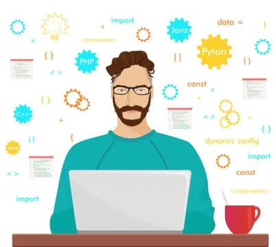 Man programmer hipster is working coding and programming on his laptop Stock Illustration