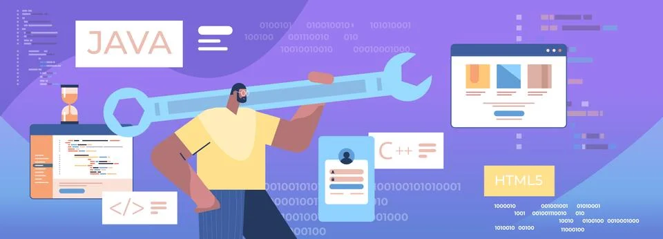 Man programmer holding wrench developer optimizes software engineering coding Stock Illustration