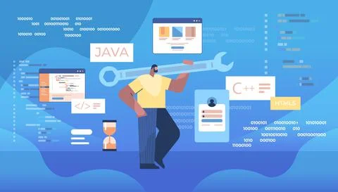 Man programmer holding wrench developer optimizes software engineering coding Stock Illustration