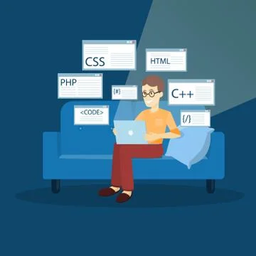 Man programmer with laptop. Illustrazione stock