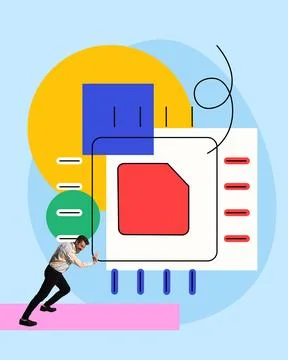 Man, programmer pushing frames forward, launching of new startup, web Stock Photos