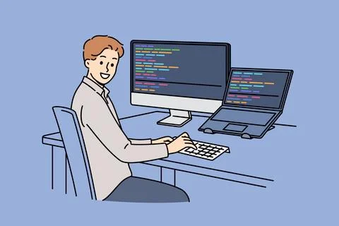 Man programmer types code and looks at camera, sitting at table with computer Stock-Illustration