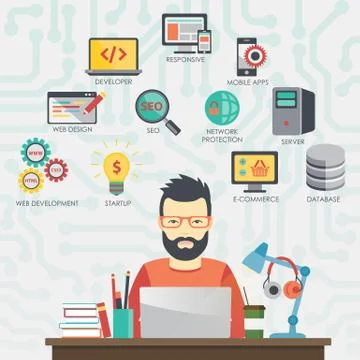 Man programmer is working on his laptop. Coding and programming. Stock Illustration