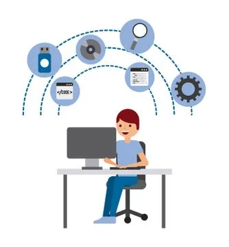 Man programmer working on his pc computer coding and programming Stock Illustration